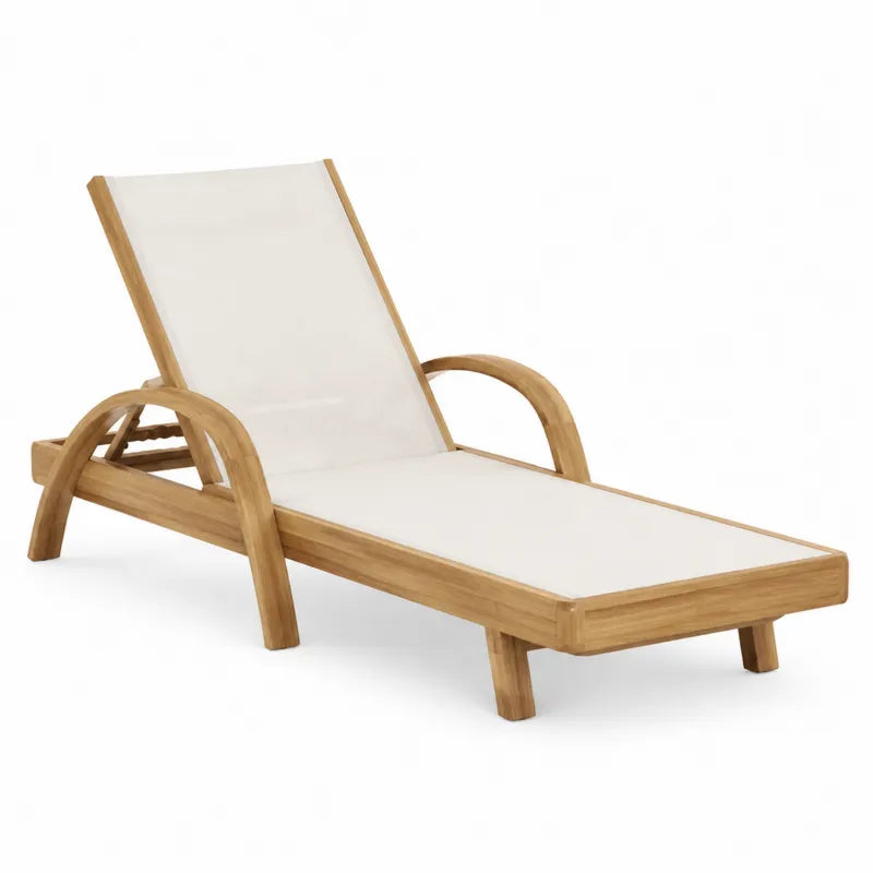 Leżak drewniany z drewna tekowego z textilene biały 195 cm
