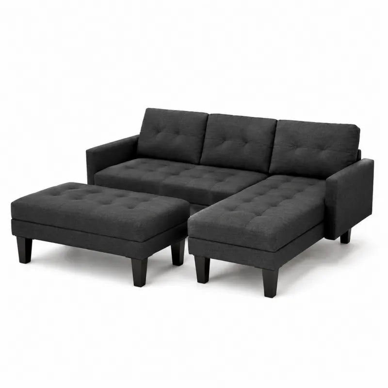 Narożna sofa z szezlongiem i pufą, ciemnoszara tkanina