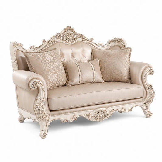 Dwuosobowa sofa z drewna i ekoskóry kremowa z poduszkami