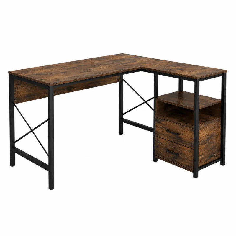 Biurko narożne L metalowe z płyty MDF brązowe 150x120x75 cm