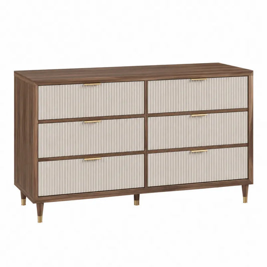 Komoda z drewna dębowego i MDF z sześcioma szufladami, brązowa/kremowa 120 cm