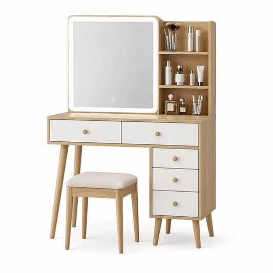 Toaletka z lustrem LED, drewno dębowe i MDF, 110x40x140 cm